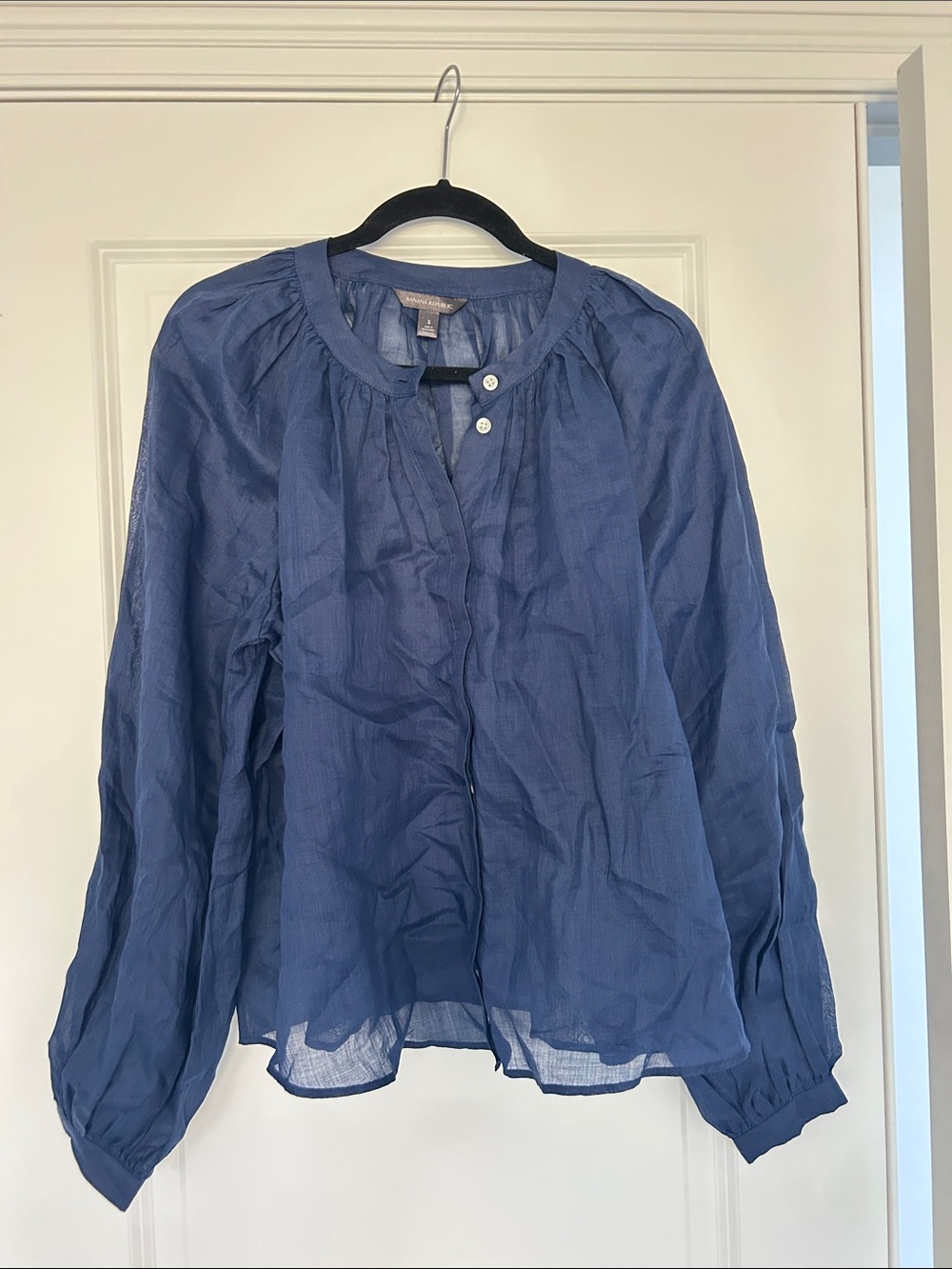 Banana Republic Navy Sheer Button-Keyhole Peasant Blouse